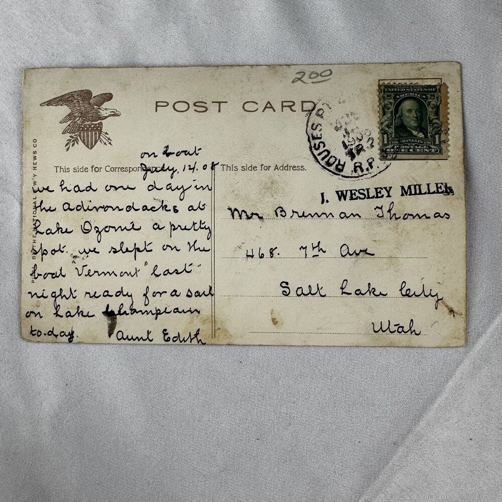1908 Adirondack Mountains Postcard New York Posted 1 Cent Ben Franklin Utah - Picture 2 of 2